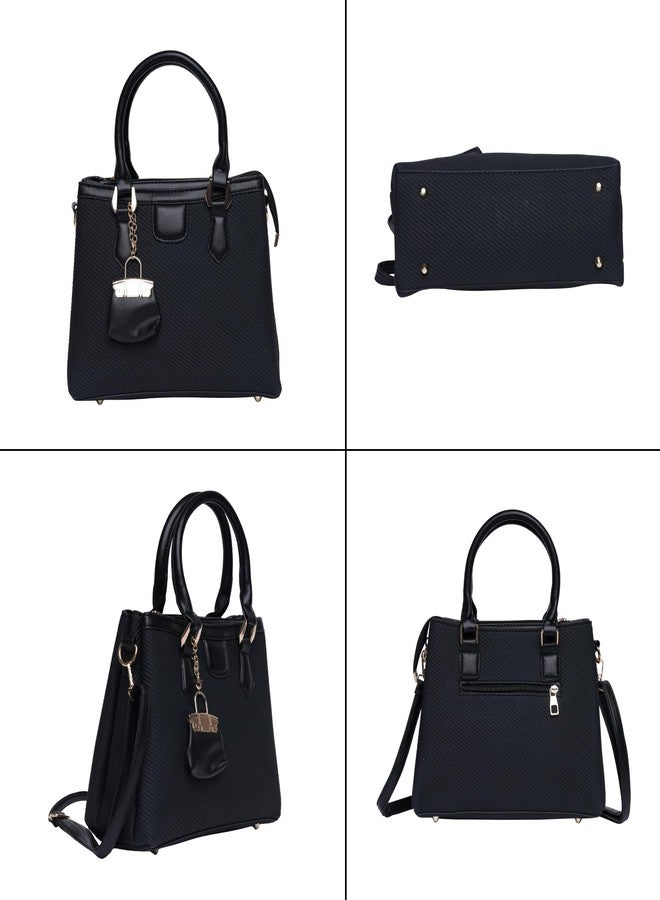SANTORINI Regina Satchel Hand Bag for Women | Top Handle & Detachable Sling Strap | Stylish Bag Charm | Lightweight Daily Office & Casual Bag (Black) - Image 3